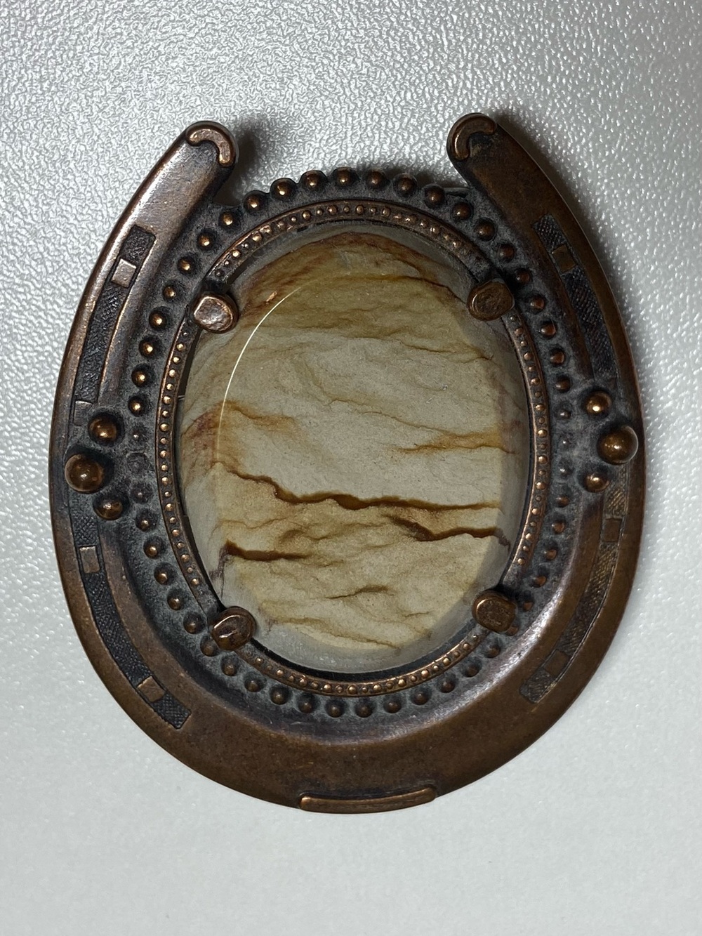 Vintage Bronze Tone Brown Center Stone Horseshoe Shape 2.5” Belt Buckle Western